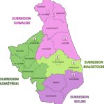 Mapa subregionów województwa podlaskiego z zaznaczonymi klubami integracji społecznej 2023 r.