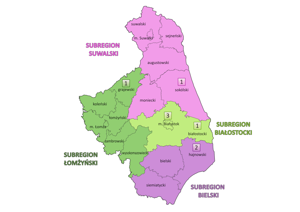 Mapa subregionów województwa podlaskiego z zaznaczonymi klubami integracji społecznej 2024 r.