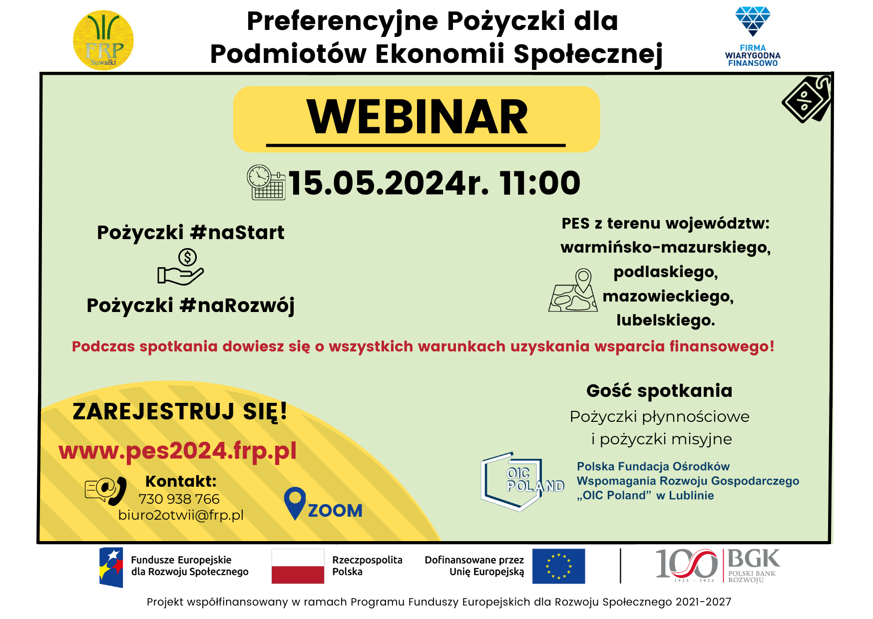 Plakat - webinar preferencje pożyczki dla podmiotów ekonomii społecznej.