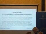 Prezentacja wyświetlona na ekranie projekcyjnym.