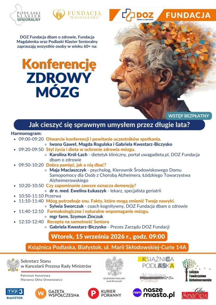 plakat promujący Bezpłatną Konferencję „ZDROWY MÓZG.” wraz z harmonogramem szkolenia